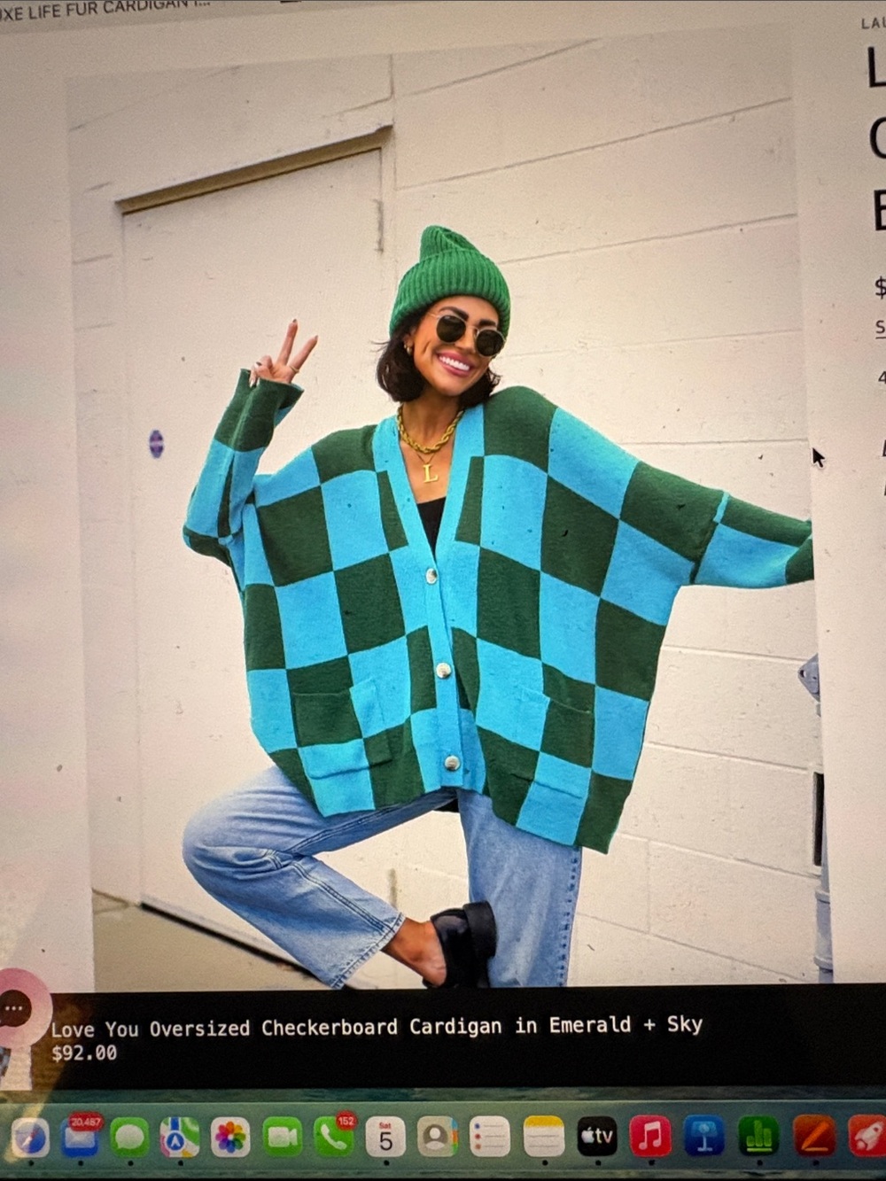 Dressed in LALA Oversized Checkerboard Cardigan - Emerald & Sky